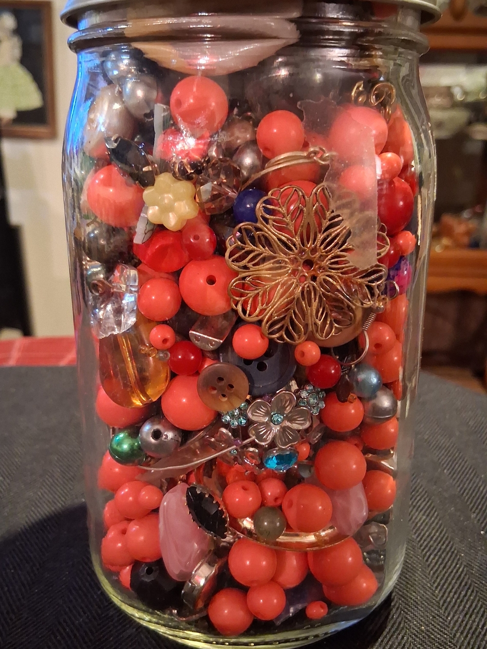Vintage Glass Jar Filled with Assorted Beads and Jewelry Findings "bead soup"
